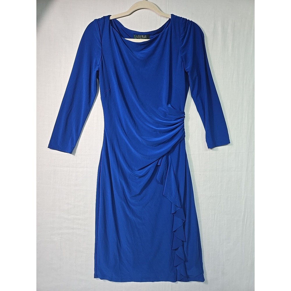 VTG Lauren Ralph Lauren Faux Wrap Midi Dress Blue‎ Rouched Side Women's 4 Draped